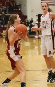 Hamilton’s Jaylee Albert goes up against Butte Central’s Mariah Cooney in the championship game Saturday. Jean Schurman photo 