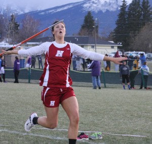 Hamilton's Sami Kratofil keeps her eyes on the tip of her javelin before she releases it. Kratofil finished third. Jean Schurman photo