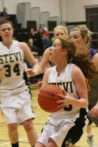 Stevensville's Carly Sebastian makes a move toward the basket  against Big Sky. Jean Schurman photo