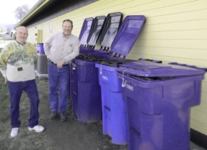 Joe Galipeau and Don Bailey are proud of the recycling program that they helped initiate at the Clothes Closet in Stevensville. Michael Howell photo.