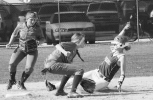 Hamilton’s Taylor Goligoski makes the tag on Corvallis’ Taia Tully at second base. Jean Schurman photo