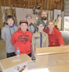 Louis Zielinski got a little help from his friends and family in his Eagle Scout Project that involved building and placing Wood Duck nesting boxes on the Teller Wildlife Refuge. Pictured in the work shop are: (back left to right) Lucas Schroeder, Michael Zielinski (not related), Dave Zielinski and (front left to right) Alex Johnson, Louis Zielinski, and Elizabeth Zielinski.