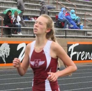 Jacie Schmalz won both the 1,600 and the 3,200-meter races for Hamilton. Jean Schurman photo.