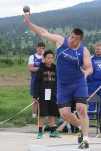 Corvallis’ Luke Channer threw the shot put 47’ 2 ½” to finish third in the shot put. Jean Schurman photo.