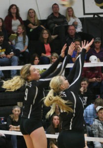 Stevensville’s Mariah Hinson (9) and Tilly Grooms make a block against a Hamilton hit. Jean Schurman photo.