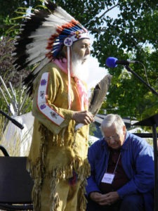 Salish elder Vic Charlo offers up a prayer at the 2016 Founders Day which commemorated the 175th anniversary of the founding of St. Mary’s Mission at what is now Stevensville. Dale Burk, local publisher and journalist, wrote the script for the reenactment of that historic event. Michael Howell photos.