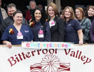 About 200 people attended a ribbon cutting hosted by the Bitterroot Chamber of Commerce for Bitterroot Physicians Clinic South in Darby last Thursday. Shown is the clinic staff: Dawn Gettings, Kailey Bergren, Nurse Practitioner Katherine Herczeg, and Monica Ehmann, director of nursing services at Marcus Daly Memorial Hospital. Jean Schurman photo.
