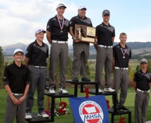 The Hamilton Broncs won the boys Class A state championship on their home course over the weekend.  Shown are Cannon Hawkes (alternate), Tristan Hanson, Max Toenjes, Coach Owen Burch, Ky Burch, Blaine Wetzsteon, and Bryce Reed. Jean Schurman photo.