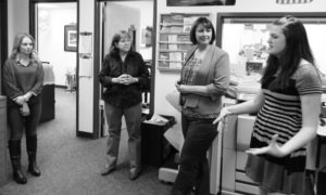 Hamilton High School students Rachel Grimes (left) and Emily Fussell (right) discuss the Certified Nurse Assistant program with School to Work Supervisor Becky Brough (center left) and Superintendent of Public Education Denise Juneau (center right). Michael Howell photo.